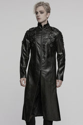 Black Stand Collar Long Sleeves Faux Leather Buckle Men's Punk Coat